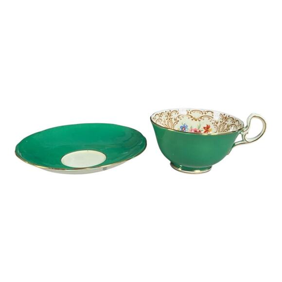 Vintage AYNSLEY Tea Cup & Saucer Set Bone China Vibrant Green Floral Bouquet - Picture 5 of 10